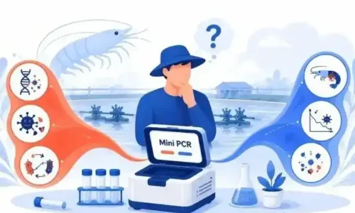 A portable mini-PCR device being used for on-site shrimp disease screening at an aquaculture pond.